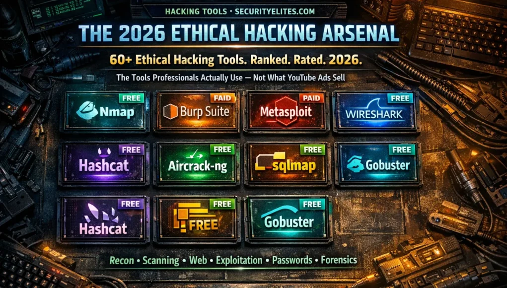 Ethical hacking tools list 2026 showing Nmap Burp Suite Metasploit Wireshark Hashcat SQLmap and more tools in a cyberpunk arsenal layout