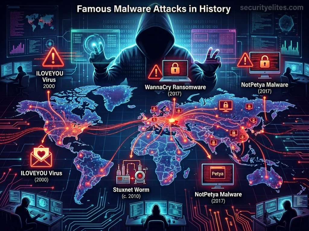 famous malware attacks in history wannacry stuxnet notpetya cyber attack visualization