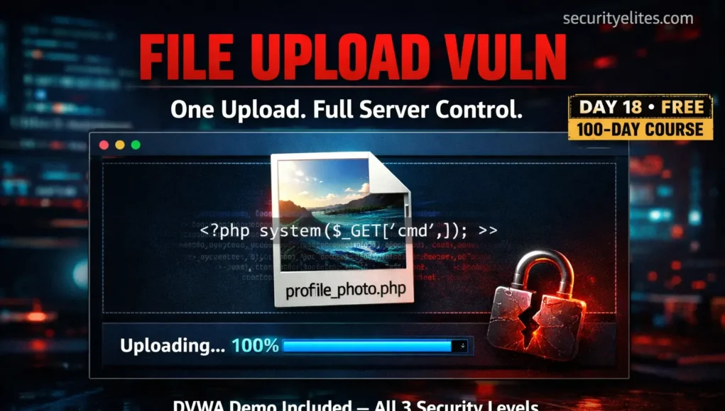 File upload vulnerability explained — malicious PHP file disguised as image leading to web shell attack