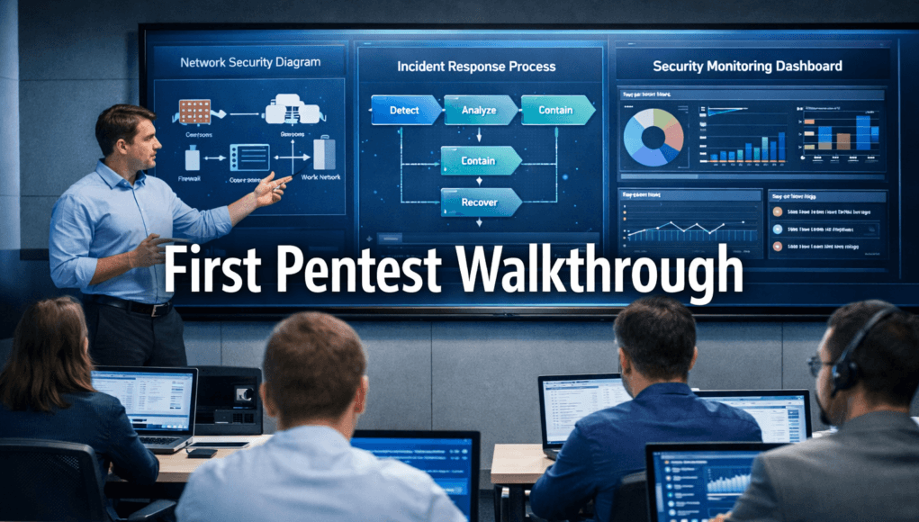 First Pentest Walkthrough cybersecurity training classroom with instructor teaching defensive security concepts