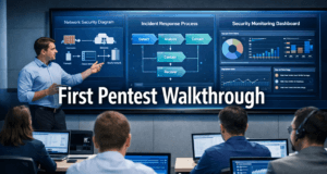 First Pentest Walkthrough – Step-by-Step Ethical Hacking Guide First Pentest Walkthrough cybersecurity training classroom with instructor teaching defensive security concepts