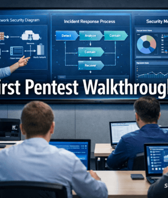 First Pentest Walkthrough – Step-by-Step Ethical Hacking Guide First Pentest Walkthrough cybersecurity training classroom with instructor teaching defensive security concepts
