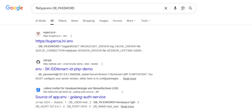 Google Dorks search for exposed env configuration files containing database credentials