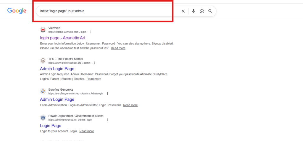 Google Dorks search query to find admin login pages on vulnerable websites