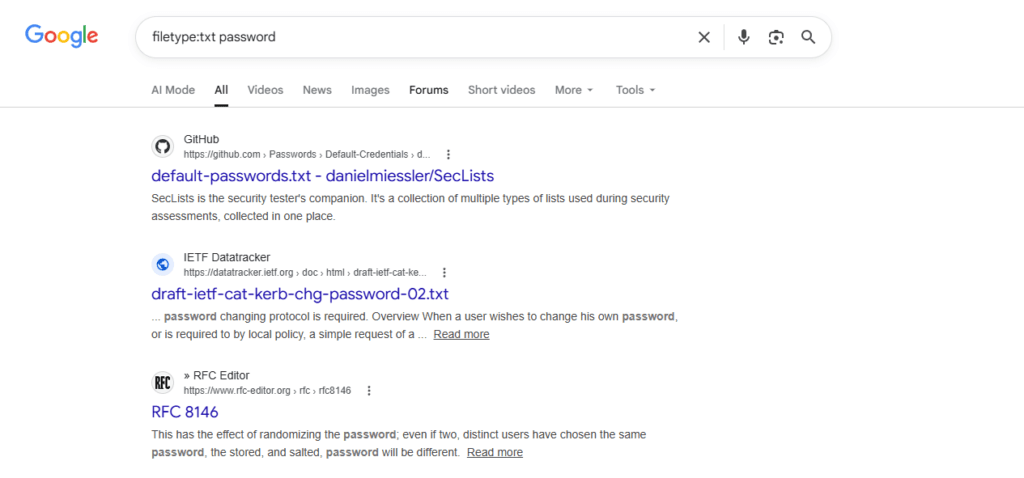 Google Dorks search revealing text files containing passwords