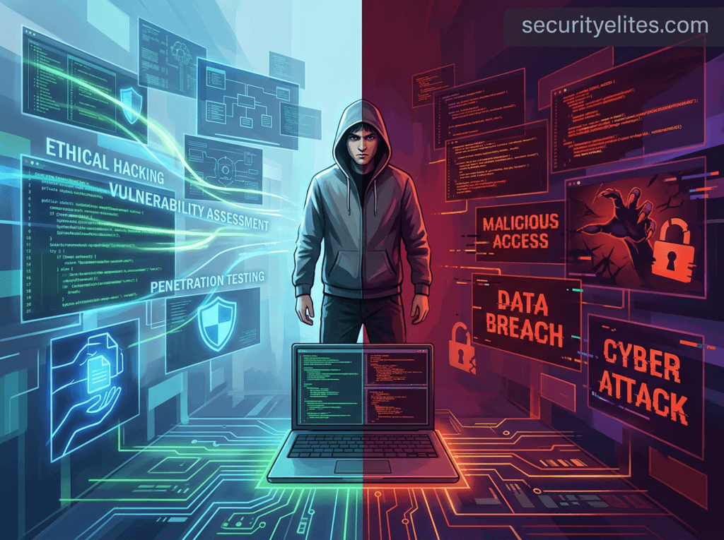 grey hat hacker cybersecurity concept between ethical hacker and cybercriminal