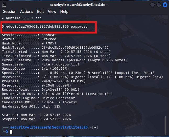 hashcat cracked password result displayed in kali linux terminal