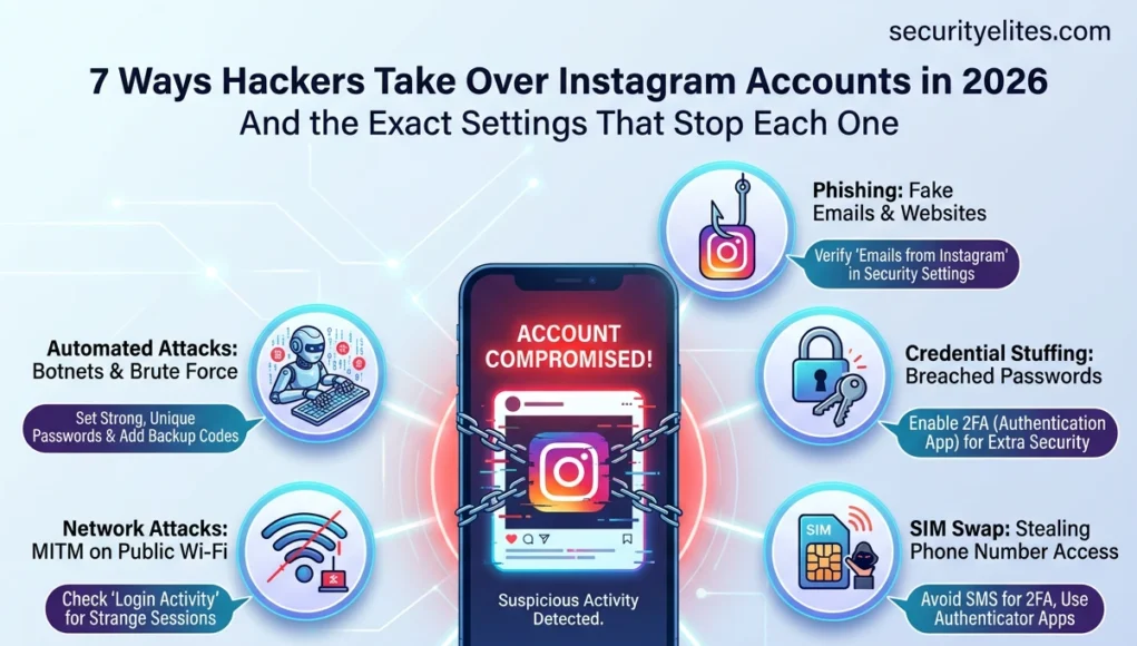 How Instagram accounts get hacked in 2026 showing phishing, SIM swap, credential stuffing and account takeover methods
