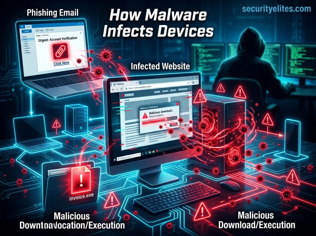 how malware infects devices phishing email malicious downloads cybersecurity attack diagram