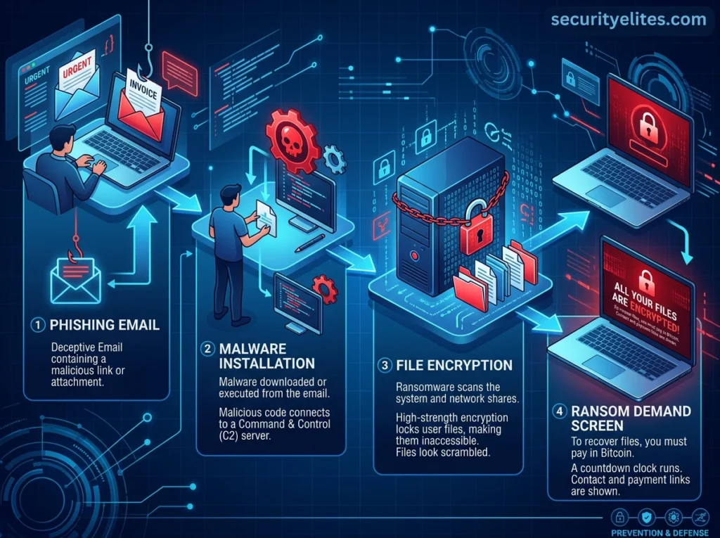 how ransomware attacks work step by step infographic showing infection encryption and ransom demand