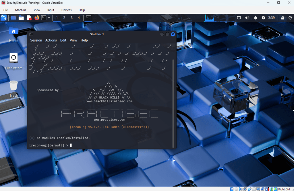 Launching Recon-ng reconnaissance framework in Kali Linux terminal during information gathering phase