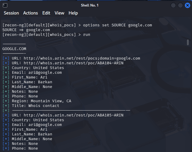Running Recon-ng reconnaissance module in Kali Linux to collect target intelligence