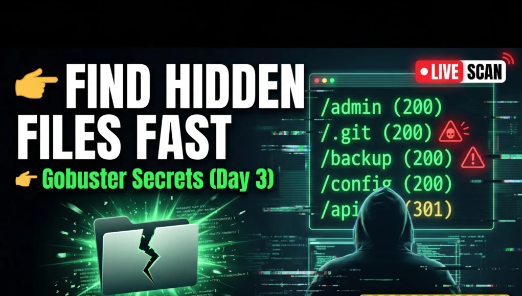 Gobuster tutorial Kali Linux showing directory brute force scan finding hidden files and admin panels