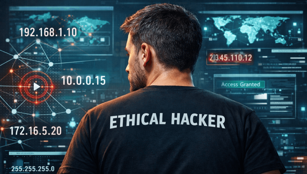 Ethical hacker analyzing network IP addresses and subnet structure for cybersecurity learning and penetration testing