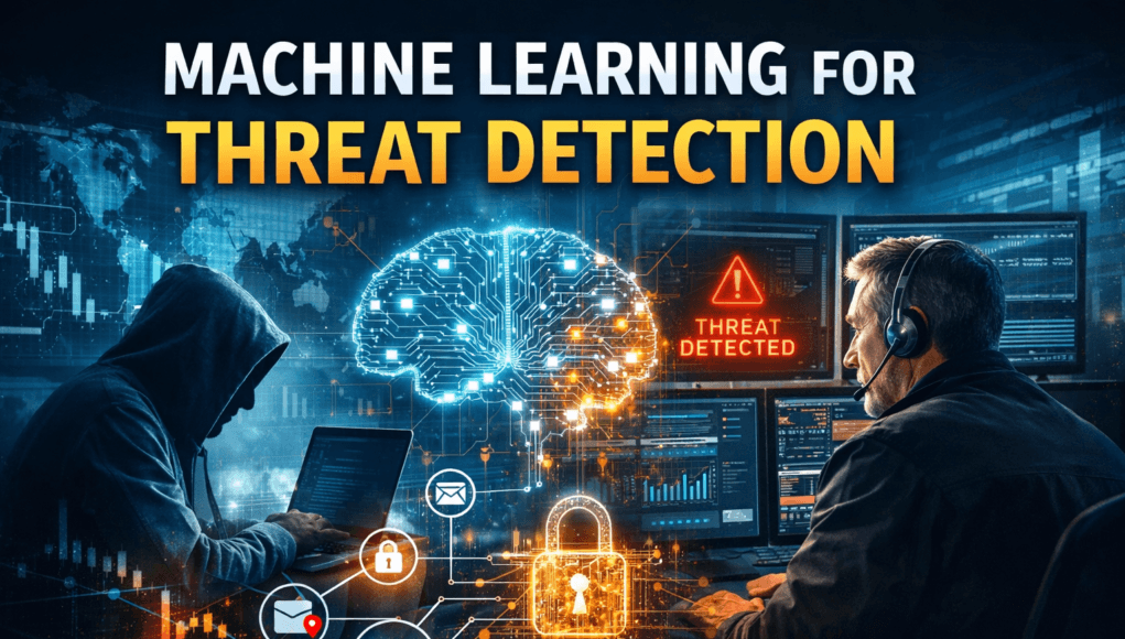 Machine Learning for Threat Detection cybersecurity analyst detecting cyber threats using AI based security monitoring system