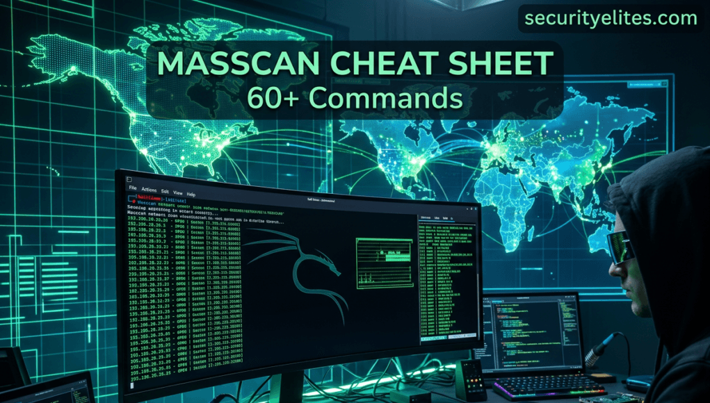 Masscan cheat sheet showing fast port scanning commands used in cybersecurity and penetration testing