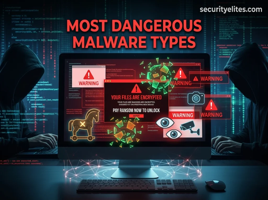 most dangerous malware types ransomware trojan virus spyware cyber attack illustration