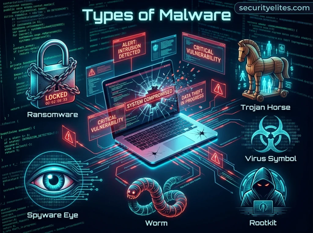 most dangerous malware types ransomware trojan virus spyware worm rootkit cybersecurity infographic