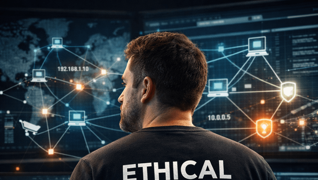 Ethical hacking expert analyzing computer networks for cybersecurity penetration testing and network reconnaissance
