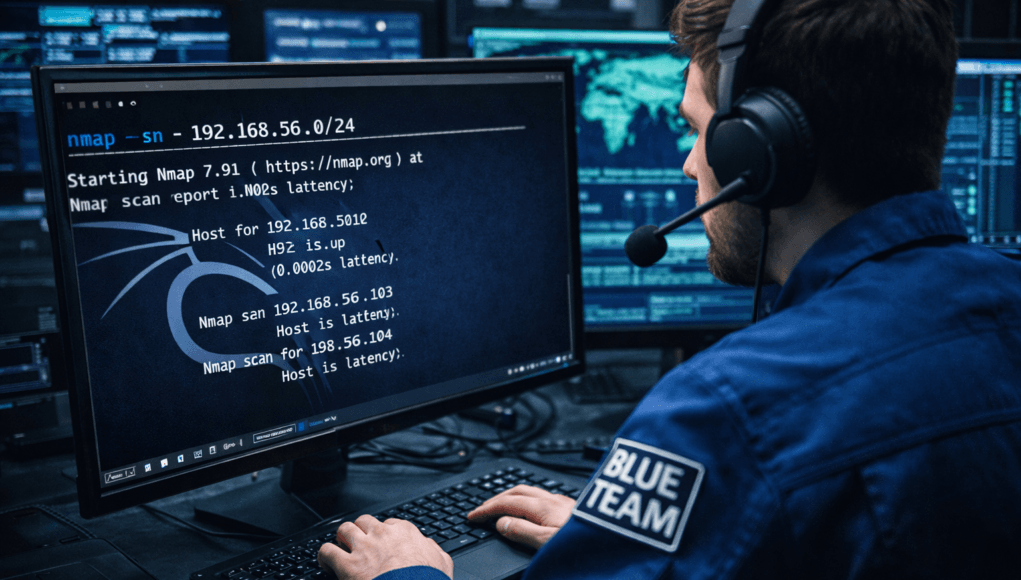 Blue Team cybersecurity analyst performing host discovery using Nmap tool for network mapping and defensive security monitoring