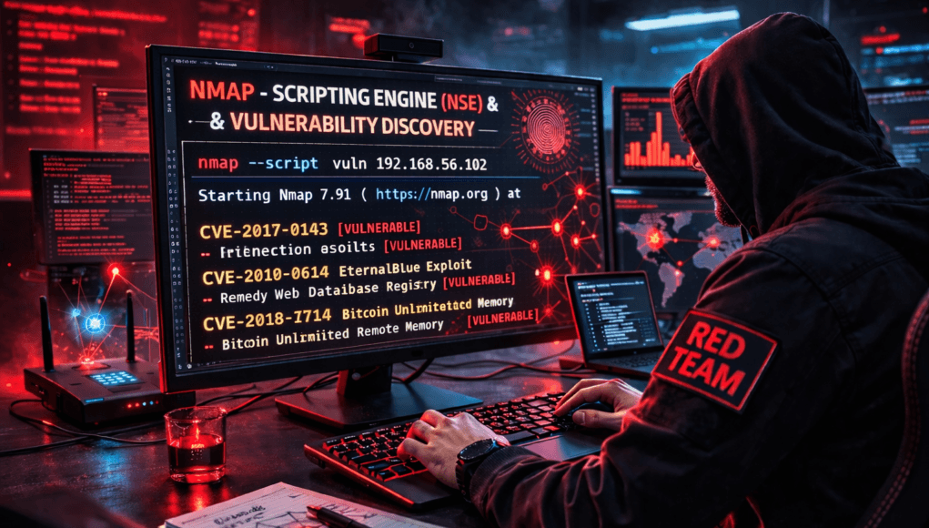 Red Team penetration tester performing vulnerability discovery using Nmap Scripting Engine NSE during cybersecurity assessment