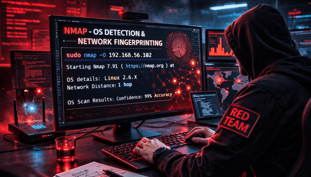 Red Team cybersecurity analyst performing OS detection and network fingerprinting using Nmap during penetration testing reconnaissance