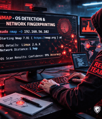 Network Scanning Tutorial Using Nmap Day 5— OS Detection & Network Fingerprinting (Professional Level) Red Team cybersecurity analyst performing OS detection and network fingerprinting using Nmap during penetration testing reconnaissance