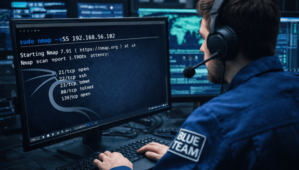 Blue Team cybersecurity analyst performing port scanning using Nmap TCP SYN scan technique for network security assessment