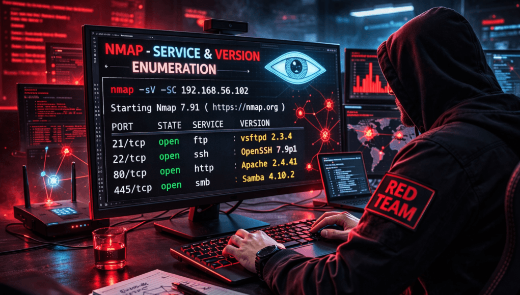 Red Team ethical hacker performing service and version enumeration using Nmap during penetration testing reconnaissance phase