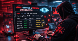 Network Scanning Tutorial Using Nmap Day 4 — Service & Version Enumeration Red Team ethical hacker performing service and version enumeration using Nmap during penetration testing reconnaissance phase