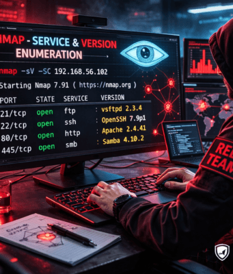 Network Scanning Tutorial Using Nmap Day 4 — Service & Version Enumeration Red Team ethical hacker performing service and version enumeration using Nmap during penetration testing reconnaissance phase