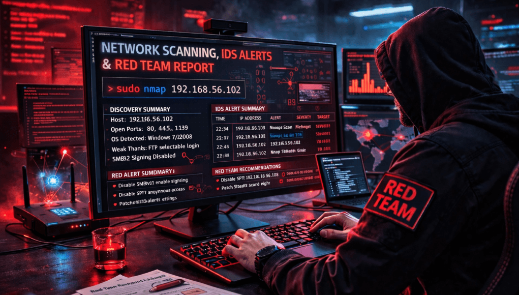 Red Team cybersecurity analyst performing stealth network scanning using Nmap with IDS monitoring and penetration testing reporting
