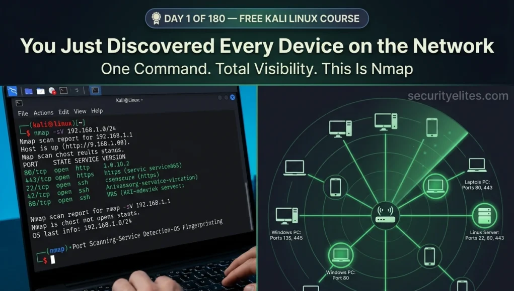 Nmap tutorial for beginners showing Kali Linux network scan with nmap command and live device discovery