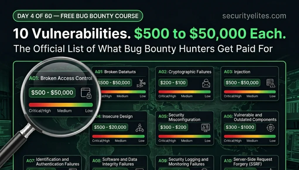 OWASP Top 10 Explained for Beginners 2026 – Bug Bounty Vulnerability Map OWASP Top 10 explained for beginners 2026 showing bug bounty vulnerability map with A01 to A10 categories