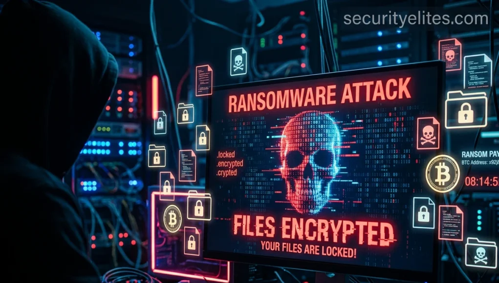 ransomware attacks example showing encrypted files and hacker demanding ransom