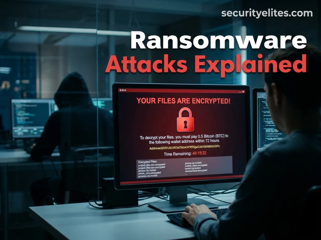 ransomware cyber attack encrypting computer files demanding bitcoin