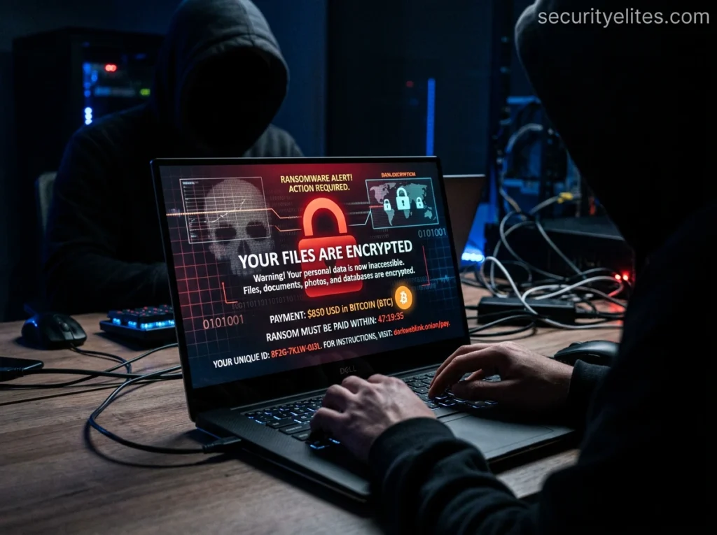 ransomware attack warning screen showing encrypted files and ransom demand