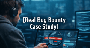 Bug Bounty Case Study: 8 Steps to Discover an IDOR Vulnerability Cybersecurity researcher analyzing a bug bounty vulnerability on a laptop during a real bug bounty case study investigation