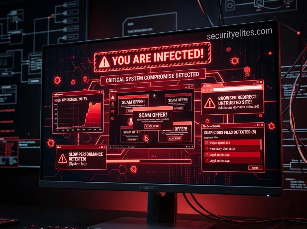 signs of malware infection slow computer popups browser redirects cybersecurity warning