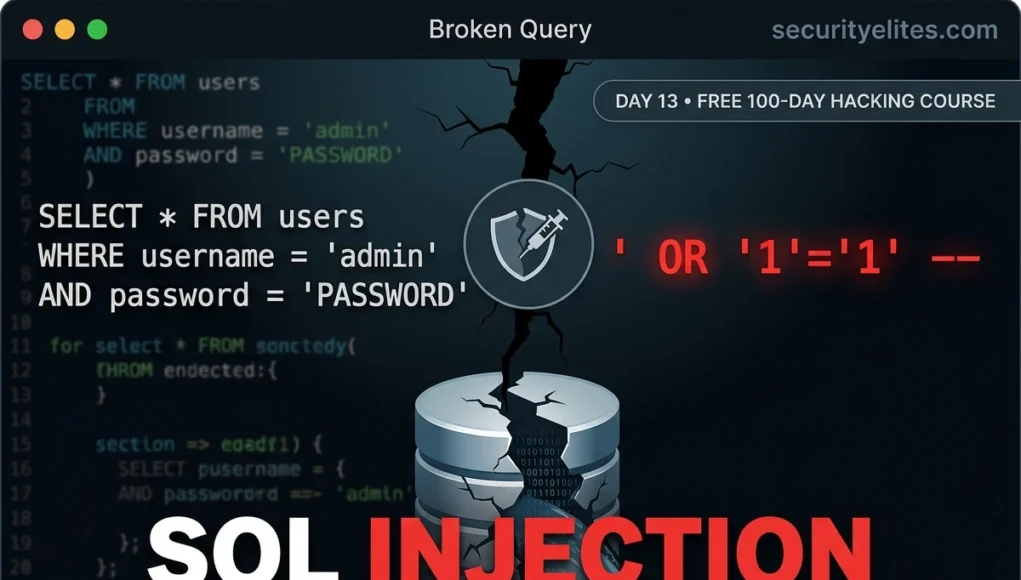 SQL injection tutorial example showing vulnerable SQL query with malicious input causing database access