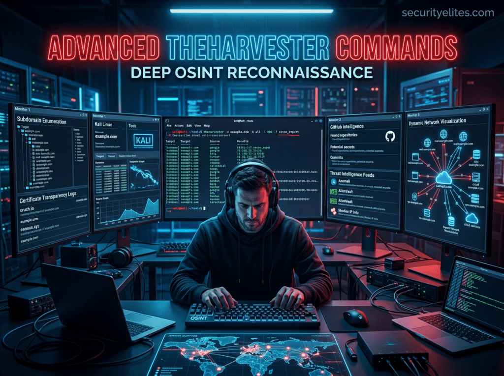Advanced theHarvester cheat sheet commands for penetration testing and OSINT reconnaissance