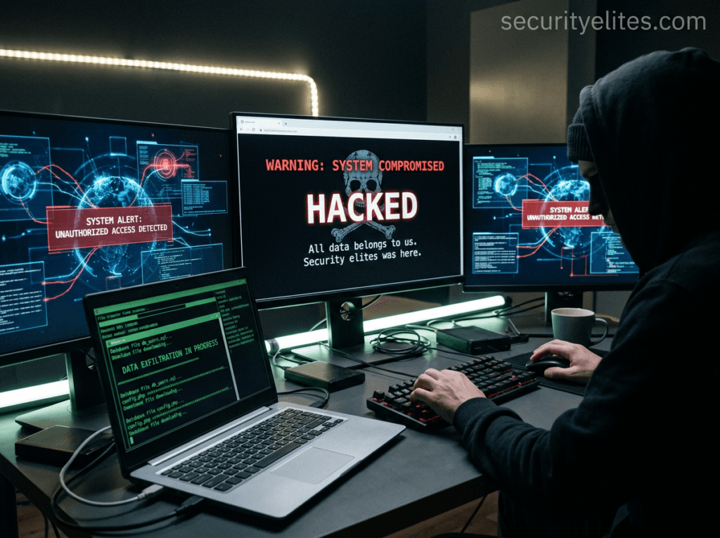 hacked website defacement page and database data theft cyber attack