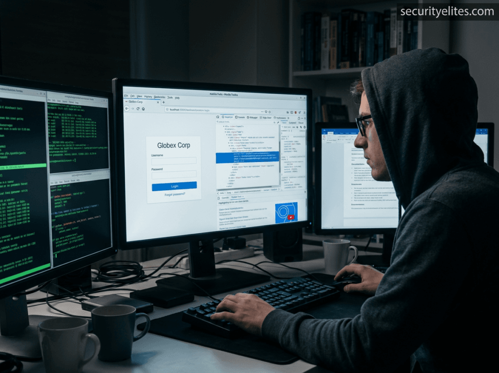 ethical hacker analyzing login forms and URL parameters to find entry points in a web application