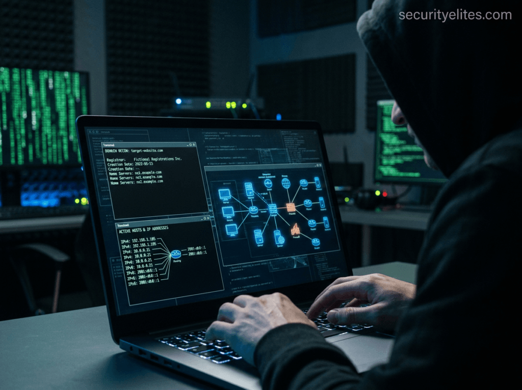 ethical hacker performing reconnaissance and information gathering on a target website