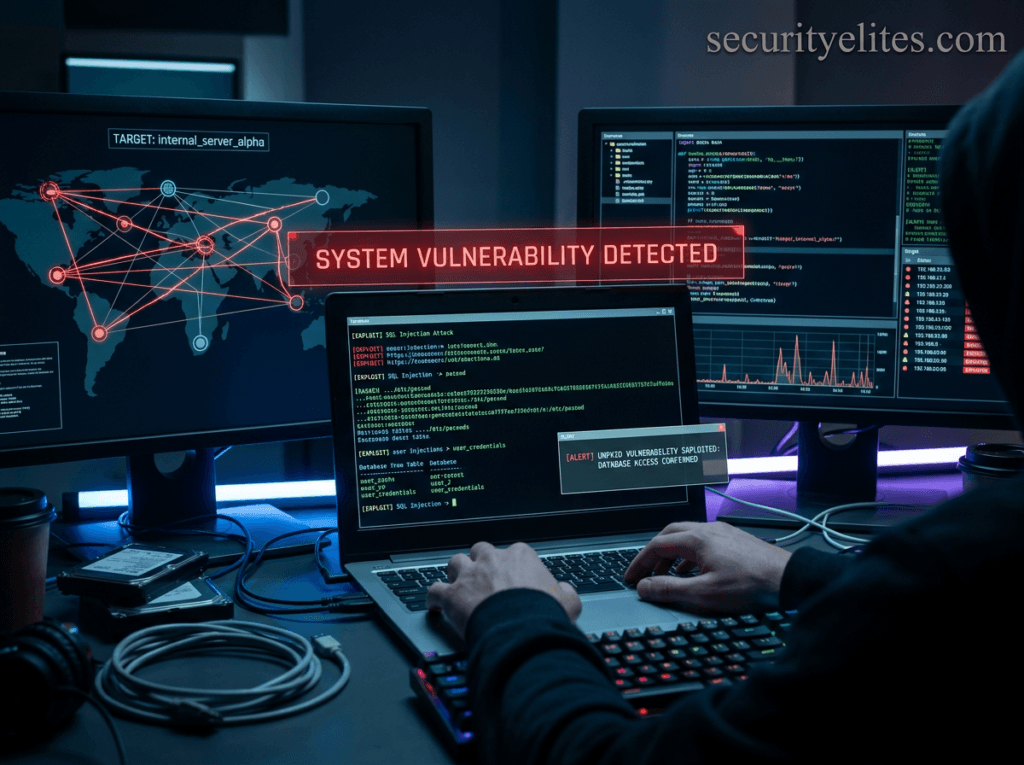 cybersecurity hacker exploiting a website vulnerability to gain unauthorized access