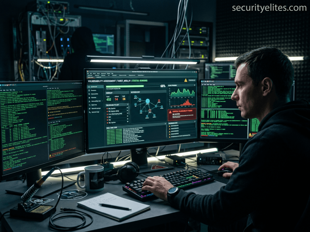 ethical hacker scanning a website for vulnerabilities using penetration testing tools