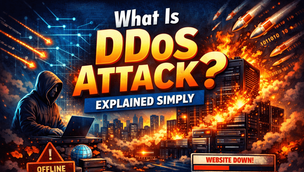 What is DDoS attack explained simply showing server overload and cyber attack visualization