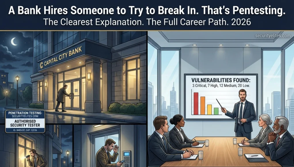 What is penetration testing explained with bank analogy showing authorised security tester finding vulnerabilities