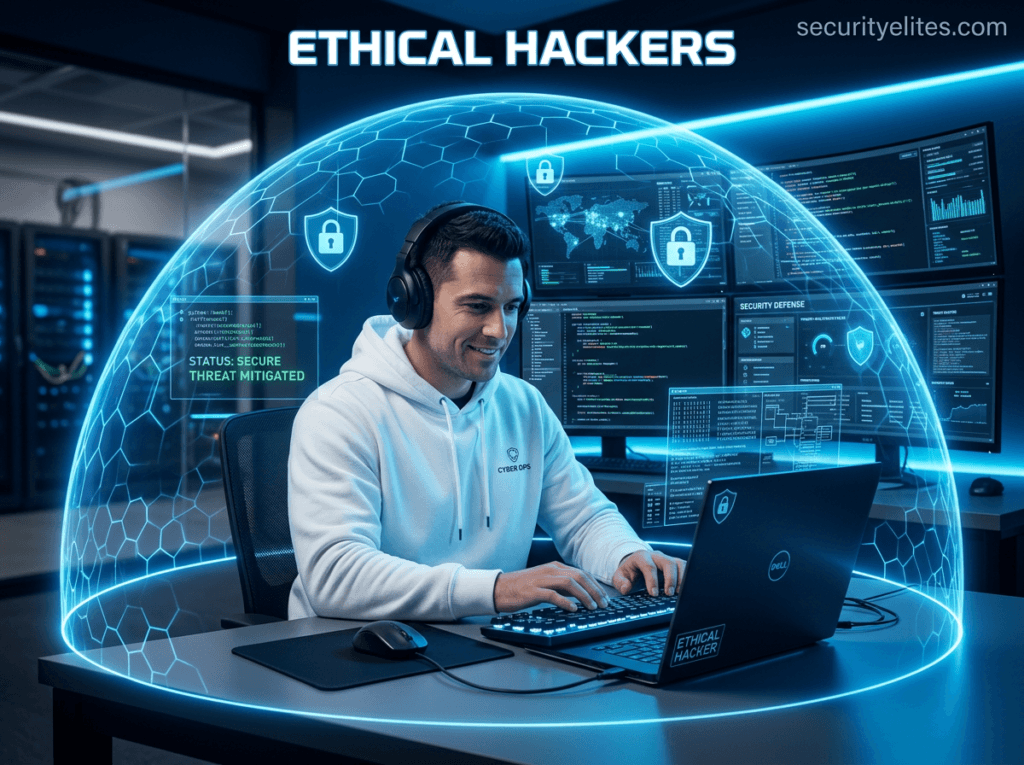 White Hat Hackers performing ethical hacking and cybersecurity protection